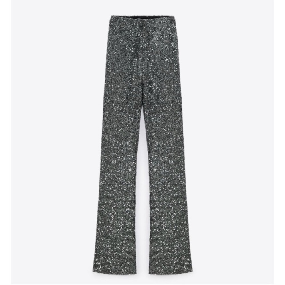 ZARA DARK SILVER GREY HIGH WAIST SEQUINNED FLARED WIDE LEG PANTS NWT - Picture 7 of 7